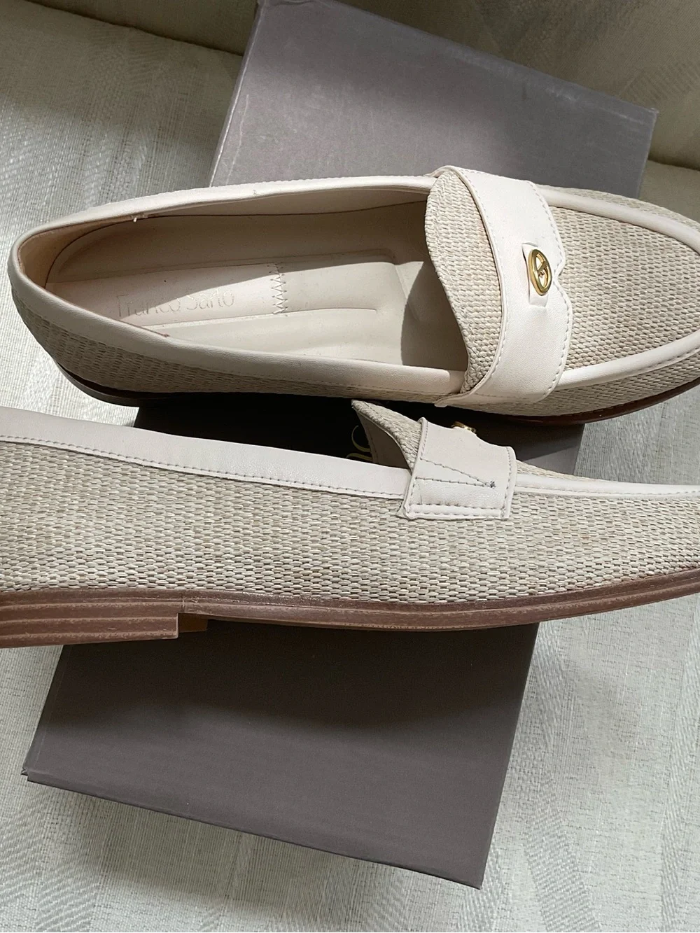 Franco Sarto Cream Woven Loafers with Gold Emblem
